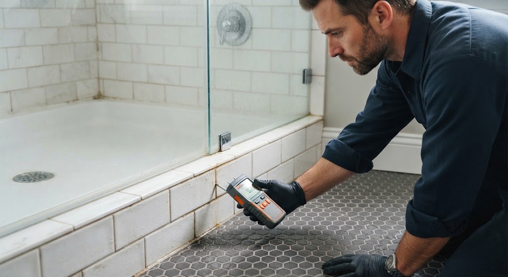 technician inspecting a bathroom shower valve and tile for hidden leaks