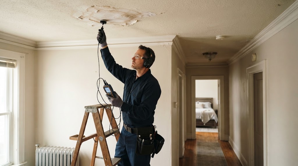 technician inspecting a water stain on an apartment ceiling