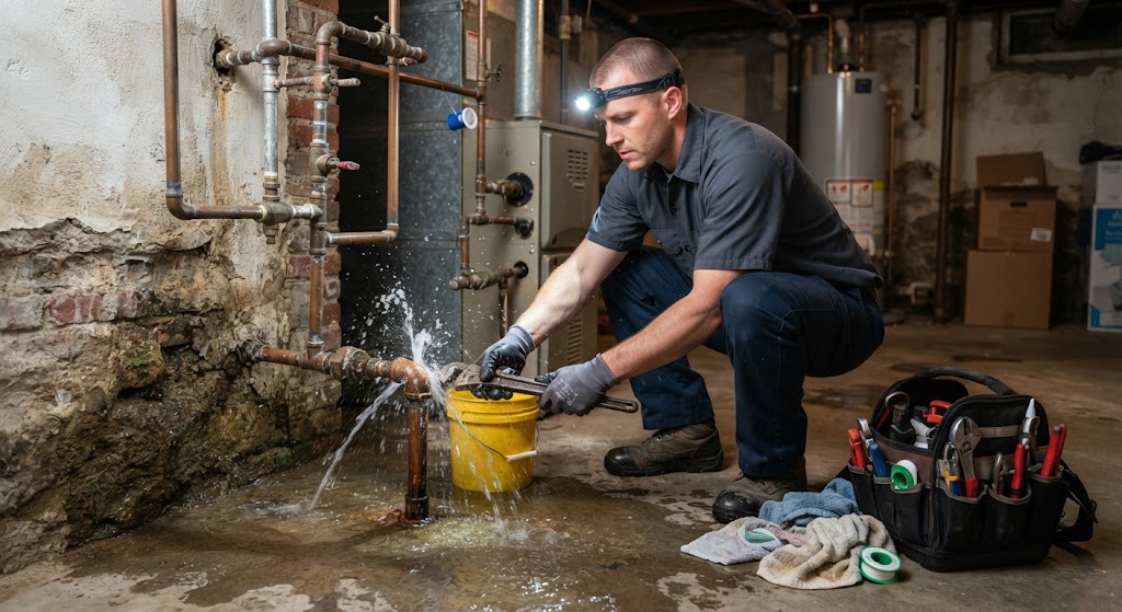 technician responding to an active burst pipe emergency