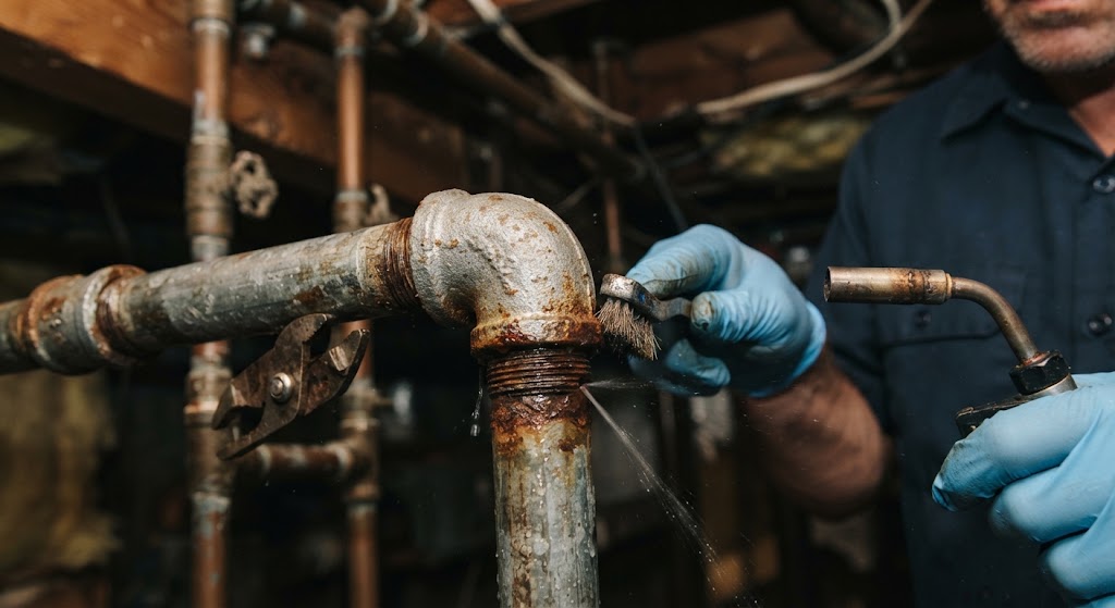 technician repairing a damaged copper water pipe section