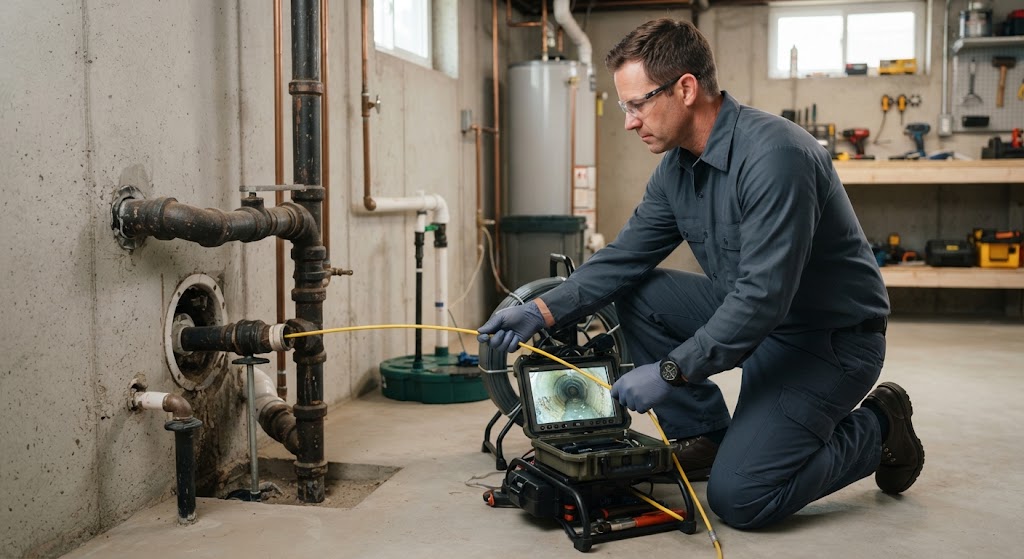 technician conducting a sewer camera inspection on an underground line