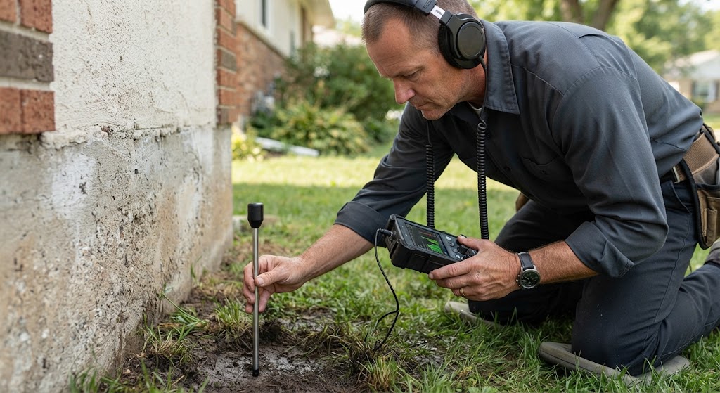 technician performing acoustic testing to locate an underground main water line leak